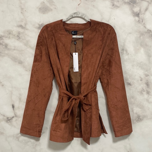 Love Token Faux Suede Leather Open Front Belted Jacket - Picture 2 of 12